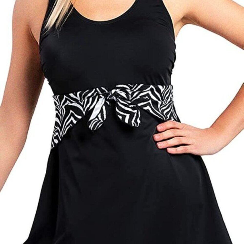 ZEBRA DETAIL BLACK SWIM DRESS ONE PIECE SWIMSUIT